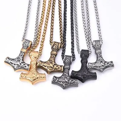 Norse Viking Stainless Steel Viking Thor Hammer Mjolnir Pendant Necklace Amulet • $15.86