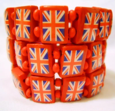 UK Flag Union Jack Coronation  Elastic Stretch Wooden Bracelet PARTY 6 Colours • £1.95