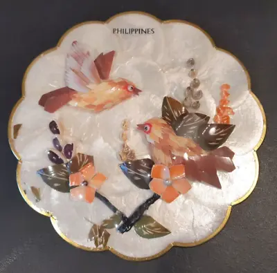 Vintage  Philippines   Capiz Shell Scalloped Seashell Art Birds And Flowers • $19.99