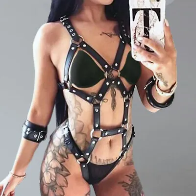 £19.98 • Buy PU Leather Cupless Strap Sexy Women Lingerie Body Harness With Handcuff Costume