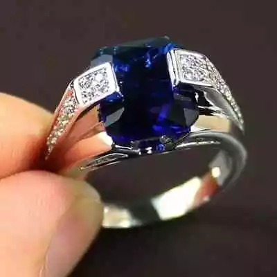 3Ct Emerald Cut Lab-Created Blue Sapphire Mens Ring 14K White Gold Plated Silver • $112.49