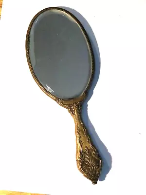 Vintage Hand Held Brass Vanity Mirror  Ornate Victorian 10  X 3.5  • $29