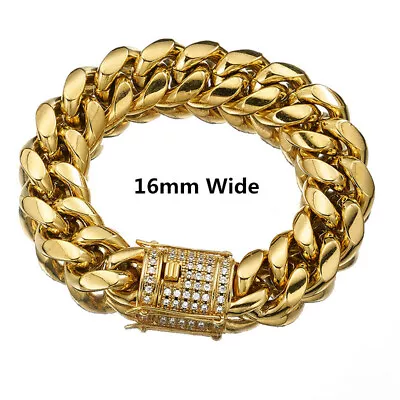 Men's Gold Plated Stainless Steel Curb Cuban Link Miami Chain CZ Bracelet • $26.59