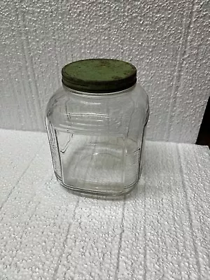 Vintage Glass Jar W/Green Lid Ribbed Sides Country Store Hoosier Cabinet Storage • $36