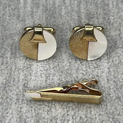 Swank Gold Tone Mother Of Pearl Cufflinks And Tie Clip Set Of 3 • $14.99