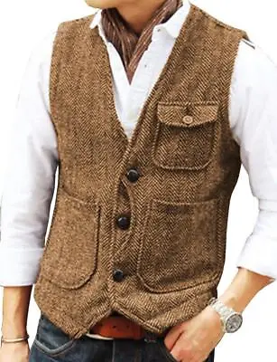 Men's Vest Tweed Single-breasted Vest Men's Suit British Retro Vest Steampunk Vi • $27.99