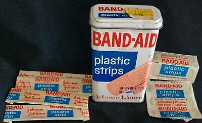 Vintage BAND-AID Tin Metal Box Hinged Lid W/ Plastic 3/4” & Jr Strips Orig Price • $14.99