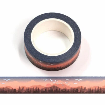 $5.50 • Buy Washi Tape Sunset Holographic Silver Birds Mountain Landscape Orange