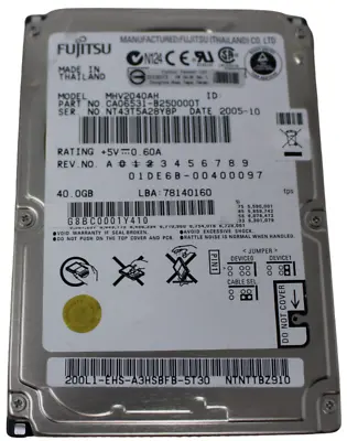 £18.99 • Buy Fujitsu MHV2040AH 40GB 5400RPM IDE 2.5  Hard Drive Price Inc VAT