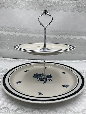 Vtg Newcor Versailles Blue Flowers 2 Tiered Tray Silver Color Modern Handle  • $29