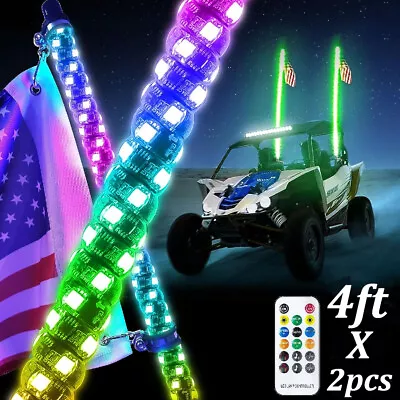 2X 4ft RGB Spiral LED Whip Lights Antenna Chase + Flag&Remote APP For ATV UTV • $85.49