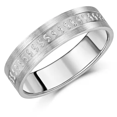 6mm Palladium & Silver 'S' Patterned Wedding Ring Flat Court Shape UK Hallmarked • £239.95