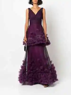 $1095 New Marchesa Notte Tiered 3D Floral Purple Aubergine Dress Gown 0 2 4 8 10 • $450