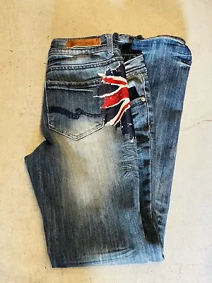 Almost Famous Womens Size 7 Blue Union Jack Flag Jeans Designer Denim Pants • £25.61