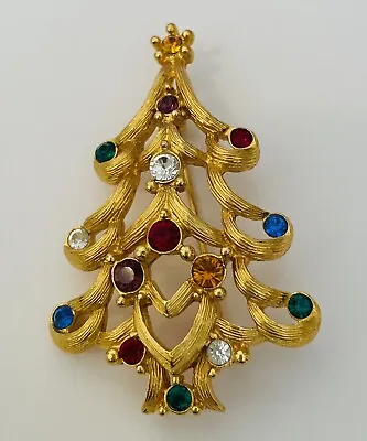 Monet Vintage Christmas Tree Pin Brooch Rhinestone Brushed Gold Signed • $12.40