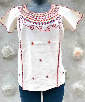 Medium Petite Mexican Red Birdies Hand Made Embroidery Ivory Muslin Tunic Top • $45