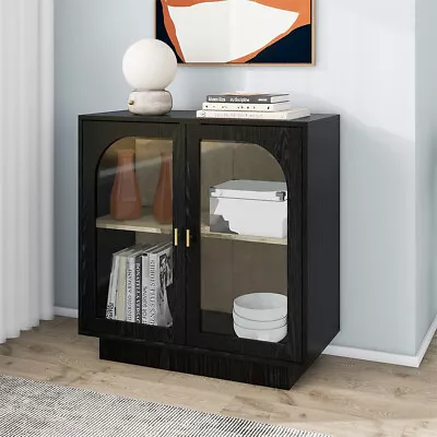 Display Cabinet Accent Kitchen Storage Cabinet With 2 Glass Door Floor Cabinet • $154.69