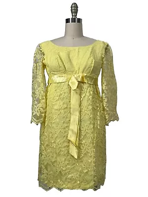 Vintage 70s Sunshine Yellow Floral Dress Lace Country Prairie Garden Bridal Mini • $37.49