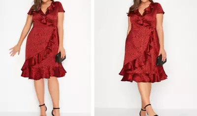 New YOURS LONDON Curve Dark Red Dalmatian Satin Wrap Dress Size 16 • £14.99