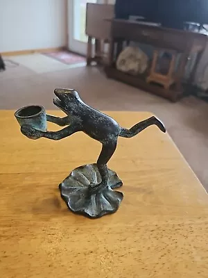 Vtg Whimsical Dancing Frog On Lily Pad Candle Holder Metal Green Patina 4.5  T. • $18