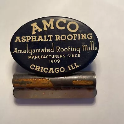 Vintage ADVERTISING Amco Asphalt Roofing Celluloid NOTE BILL CLIP Chicago IL • $11.99