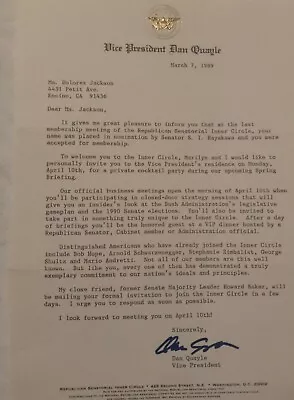 Signed Letter From Vice President Dan Quayle To Dee Dee Jackson/guernsey Auction • $500