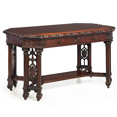 English Antique Victorian Gothic Carved Oak-Leaf Writing Library Table Desk • $3570