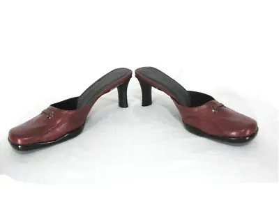 Nine West Shoes Sz 8 Mules Slides Heels Red Wine Leather Walcott Square Toe • $26.95