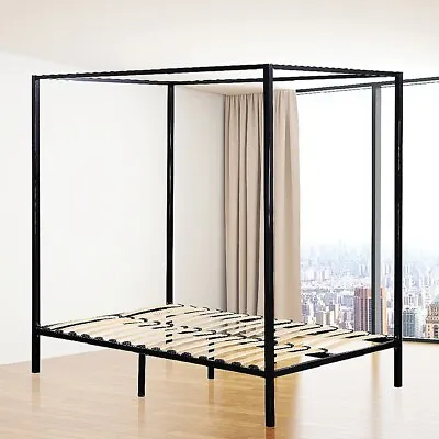 Queen Size Bed Frame Mattress Platform With 4 Poster Powder Coated Finish Black • $701.95