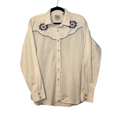 Vintage Western Shirt Womens XL White Pearl Snap Turquoise Pink 90s Southwestern • $20.99