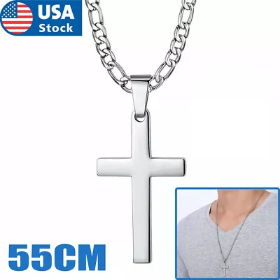 $8.49 • Buy Men's Cross Pendant Necklace Silver Chain Stainless Steel Figaro Necklace 21 