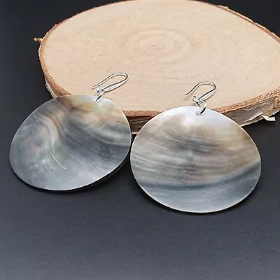 Large Abalone Disc Earrings Natural Shell Dangle Drop Boho Sterling Silver Hooks • £16.98