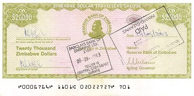 Zimbabwe / Travellers Cheque  $20000  01.09.2003  P 18 Circulated Banknote QZ38 • $9.50