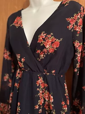 Mimi Chica Navy Floral Dress Short Long Sleeve Cross’s Front Elastic Waste Sz M • $8.99