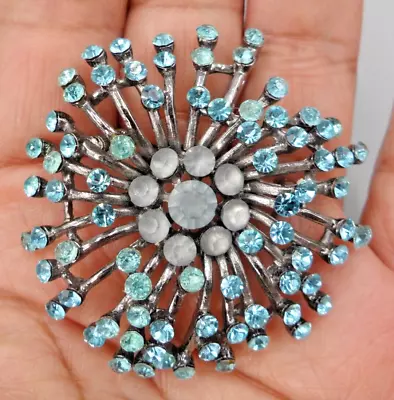 Vtg Rhinestone Brooch Pendant Sea Anemone Or Fireworks Plume Pyrotechnics Blue • $10