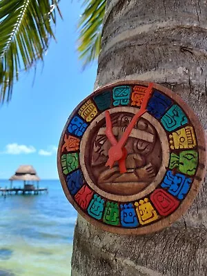 Colorful Wall Clock Mayan Calendar Carved Wood Wall Art Mexican Handcrafted 5inc • $74.99
