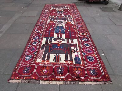 Vintage Hand Made Traditional Oriental Wool Beige Red Pictorial Runner 400x150cm • £375