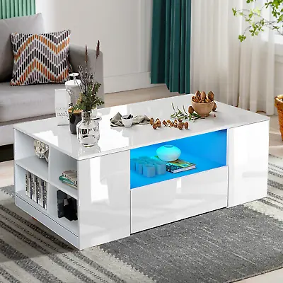 High Gloss Coffee Table With Storage 2 Drawer Wooden Living Room RGB LED Lights • £79.99