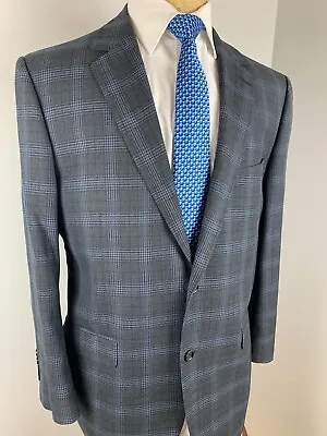 BYRON Men’s Gray Blue Glen Check Plaid Italy Wool Sport Coat Blazer Sz 56 R • $75