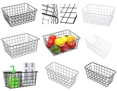 Metal Wire Storage Basket With Handle Pantry Cabinet Wire Rack Bathroom Kitchen • £6.40