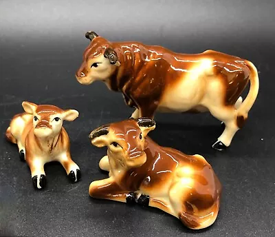 Shiken Miniature Brown Bull Cow Calf Family Bone China Figurine Japan Set Of 3 • $28