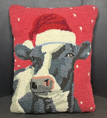 $25 • Buy Christmas Cow W/Santa Hat-Wool Needlepoint Hook Pillow-Zip Off-Velvet Back-14x18