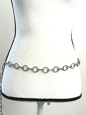 Women's Chain Belt Silver One Size VTG Circle Metal Biker Punk Dress Ladies • $19.54