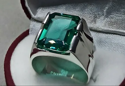 10 Carat Rich Green Emerald Sterling Silver 925 Handmade Zamurd Mens Square Ring • £95