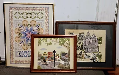 Vintage Rare Handcrafted Embroidered Glass Framed Pictures LOT OF 3 • $32.99