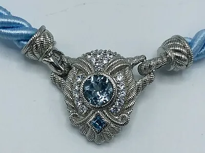 $70 • Buy Judith Ripka 925 Sterling Silver CZ Pendant Blue Topaz Silk Cord Necklace NWOT