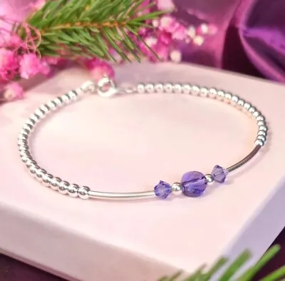 925 Sterling Silver Tanzanite Genuine Crystal Stacking Stretch Bracelet   • £25