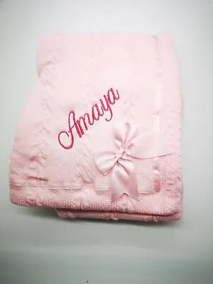£13.99 • Buy Personalised Luxury Baby Cable BOW RIBBON  Blanket Embroidered Boy Girl Gift 