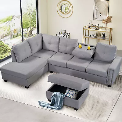 L-shape Livingroom Reversible Rivet Ornament Sectional Sofa With Storage Ottoman • $991.81