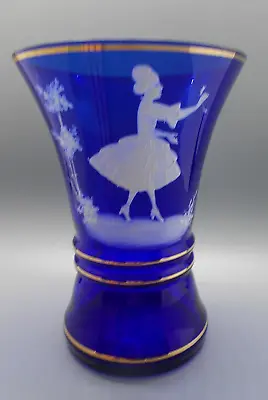 Vintage Mary Gregory Cobalt Blue Flared Glass Vase With Colonial Lady • $25.95